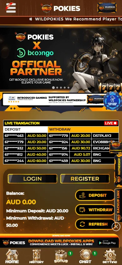 Wildpokies Casino mobile home with access to casino games and account features