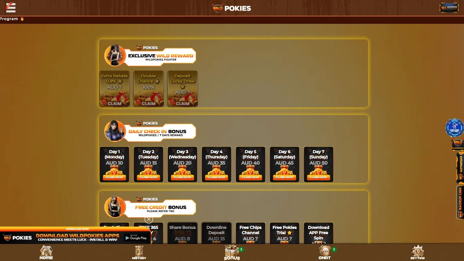 Wildpokies Casino desktop promotions showing welcome and ongoing reward features