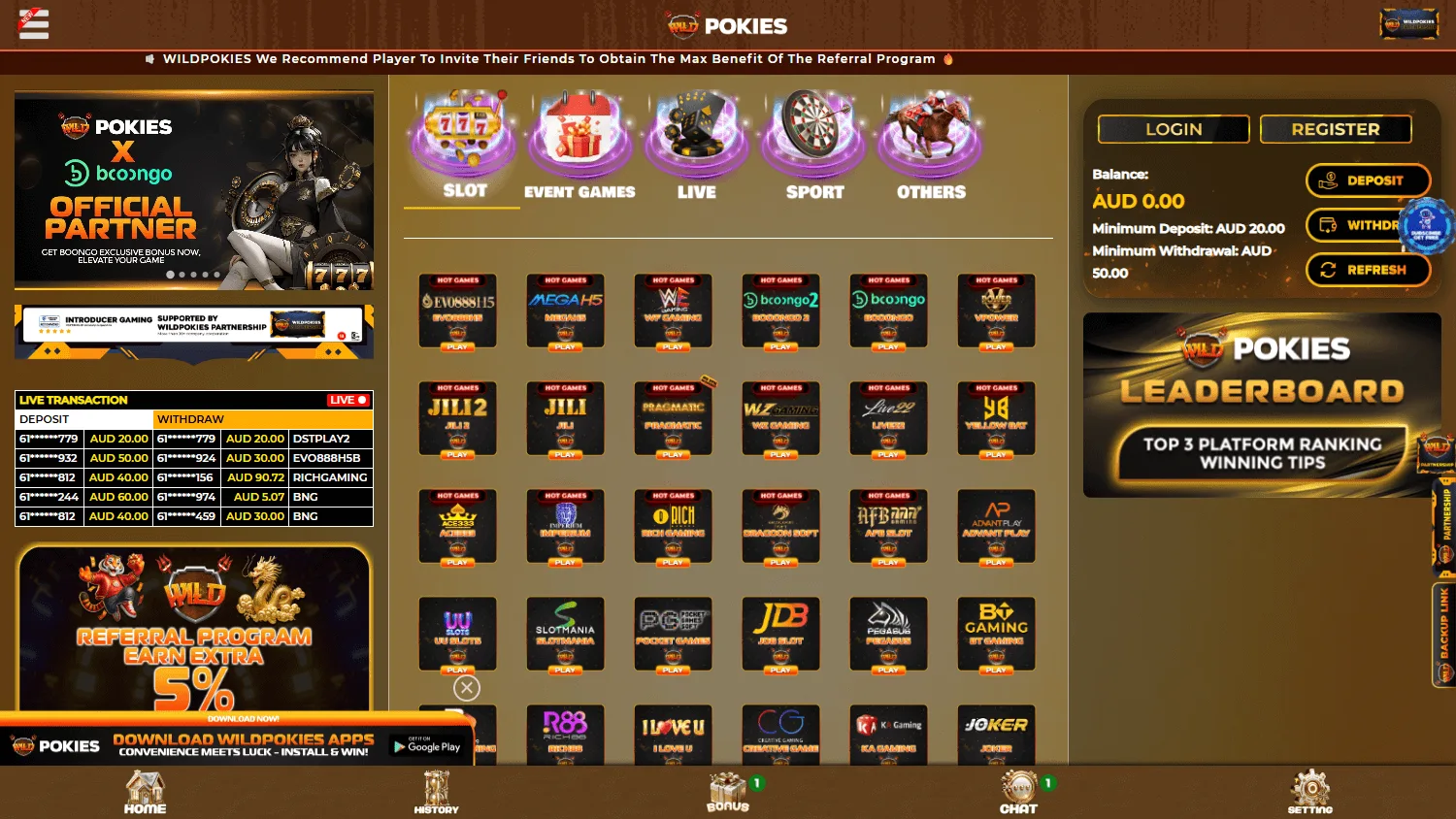 Wildpokies Casino desktop home with AUD casino access and game browsing